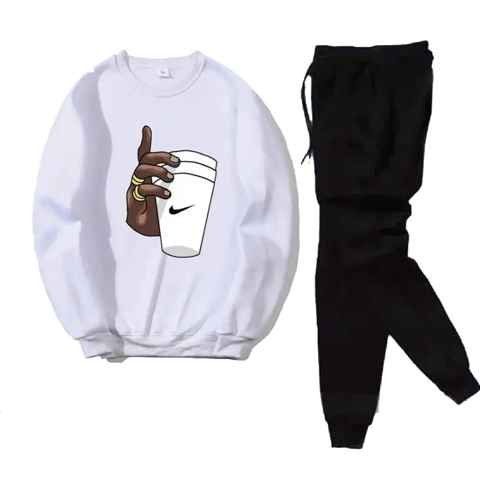White sweatshirt with a graphic of a hand holding a coffee cup and black pants on a white background