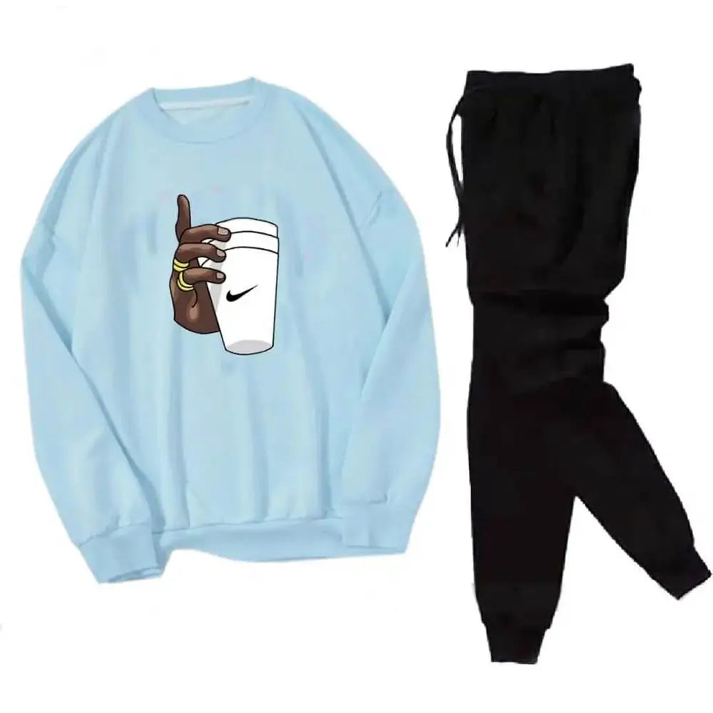 2 Pcs Men's Fleece Printed Coffee Sweatshirt Track Suit