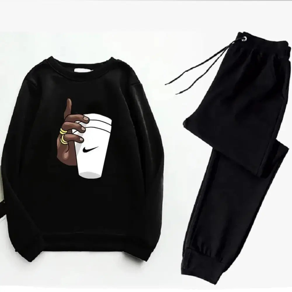 2 Pcs Men's Fleece Printed Coffee Sweatshirt Track Suit