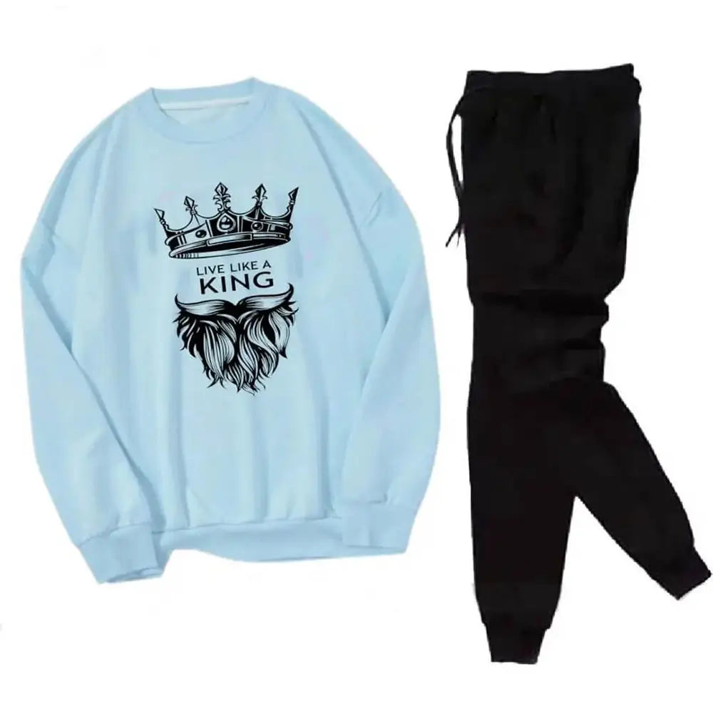 2 Pcs Men's Fleece Printed Crown Sweatshirt Track Suit