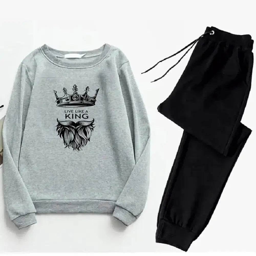 2 Pcs Men's Fleece Printed Crown Sweatshirt Track Suit