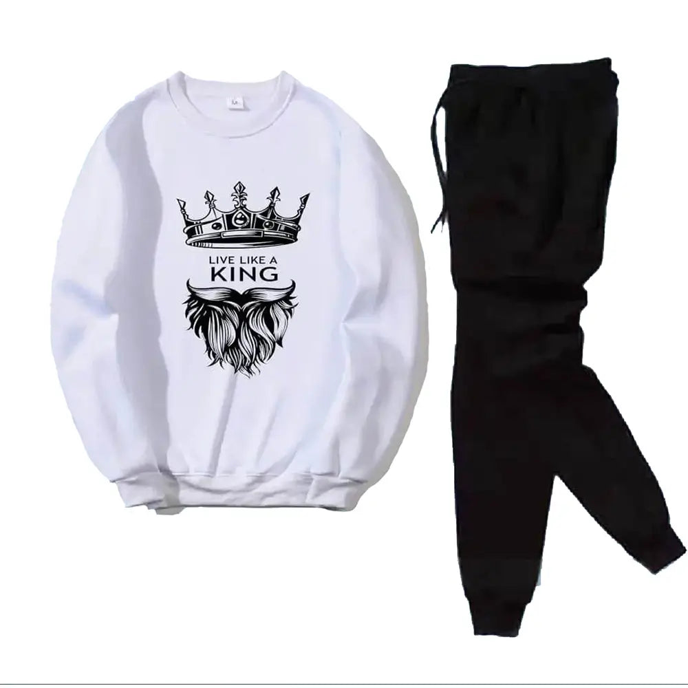 2 Pcs Men's Fleece Printed Crown Sweatshirt Track Suit