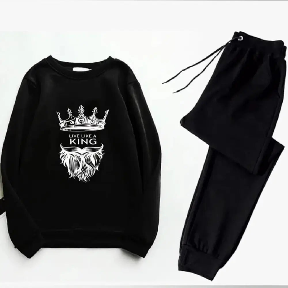 2 Pcs Men's Fleece Printed Crown Sweatshirt Track Suit