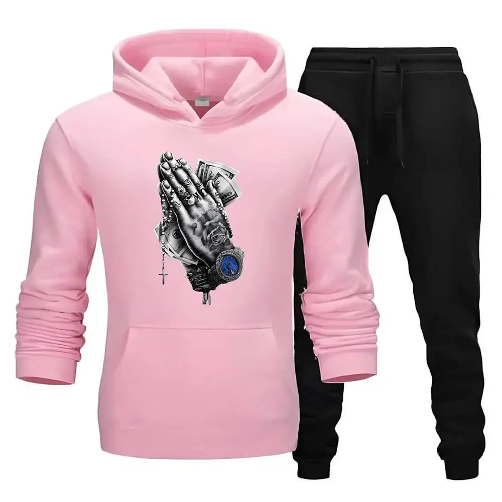 2 Pcs Men's Fleece Printed Dollar Hand Hoodie Track Suit