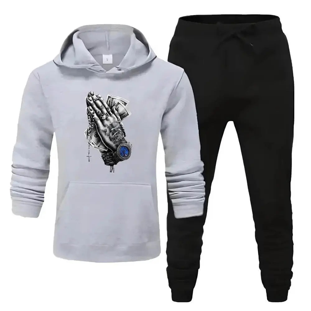 2 Pcs Men's Fleece Printed Dollar Hand Hoodie Track Suit