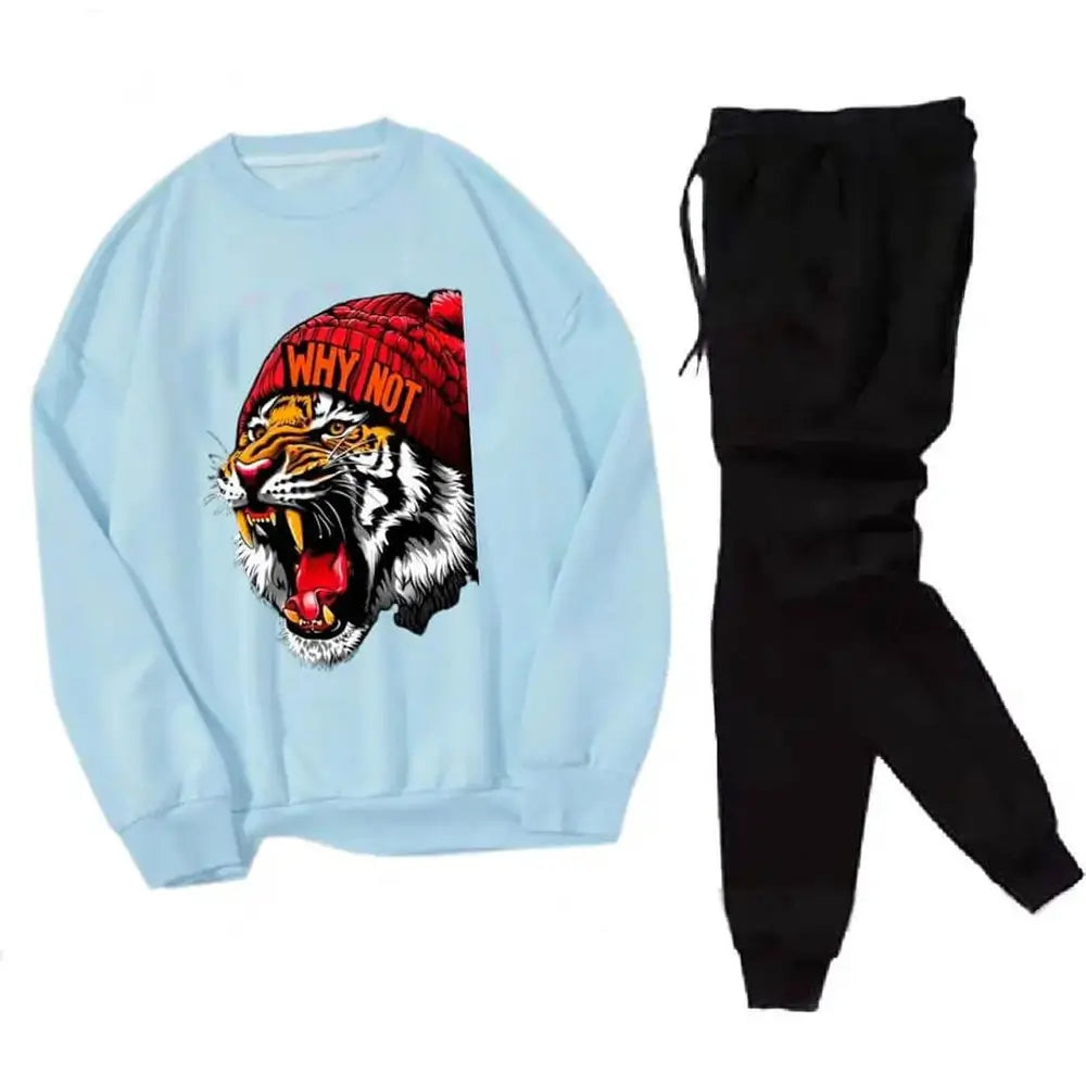 2 Pcs Men's Fleece Printed Tiger Sweatshirt Track Suit