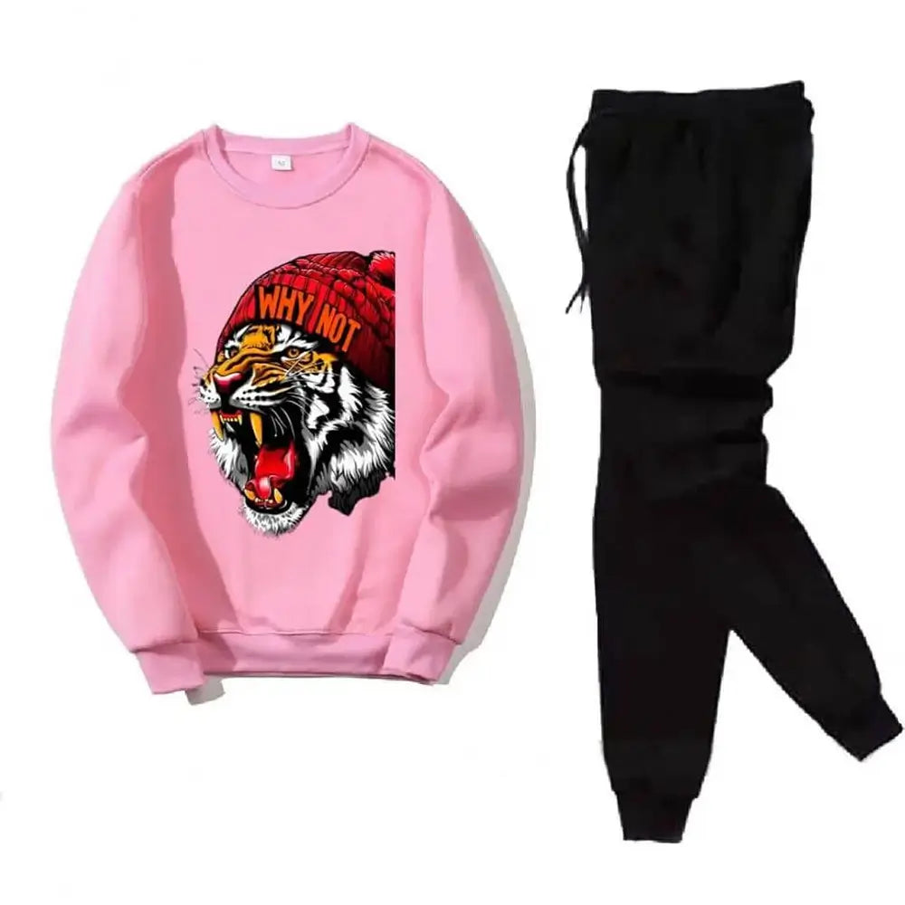 2 Pcs Men's Fleece Printed Tiger Sweatshirt Track Suit