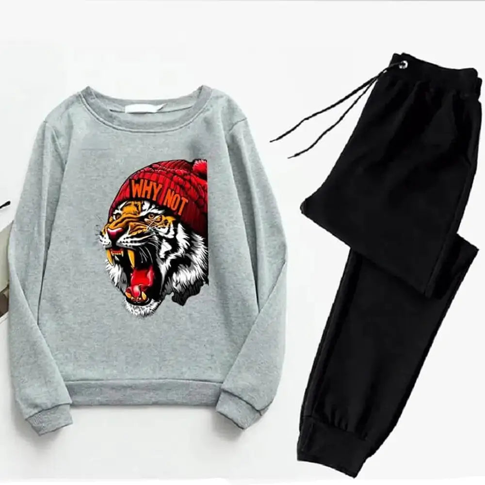 2 Pcs Men's Fleece Printed Tiger Sweatshirt Track Suit
