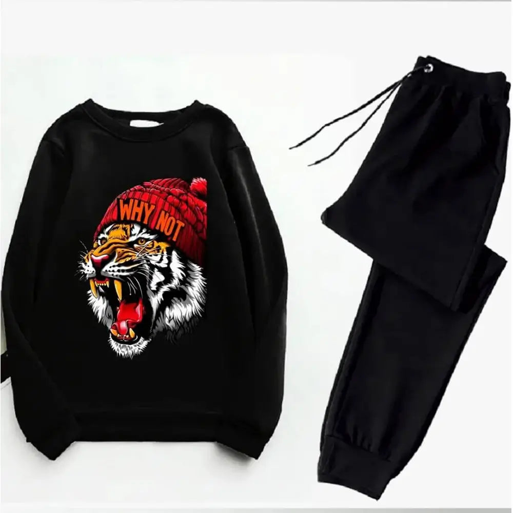 2 Pcs Men's Fleece Printed Tiger Sweatshirt Track Suit