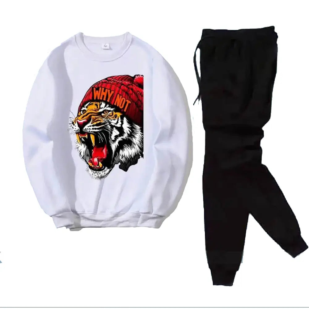 2 Pcs Men's Fleece Printed Tiger Sweatshirt Track Suit