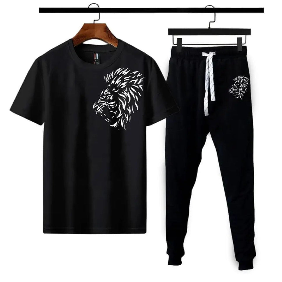 Black t-shirt and pants set with lion design on hangers against a white background