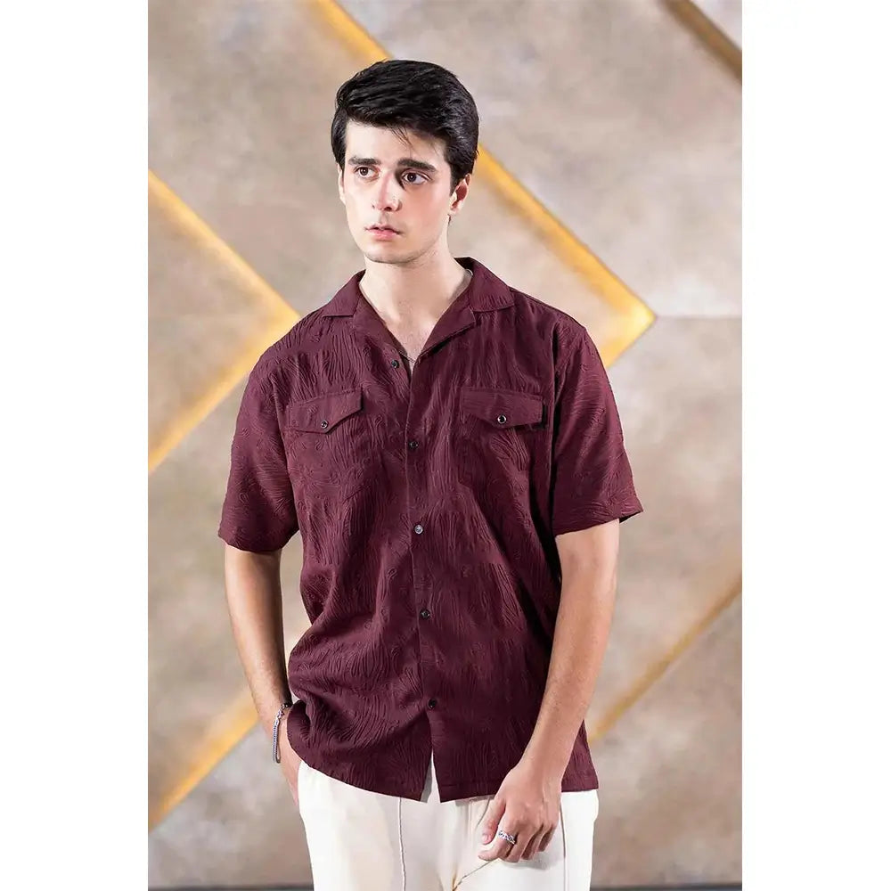 Textured Button-Down Shirt for Men in Rich Maroon