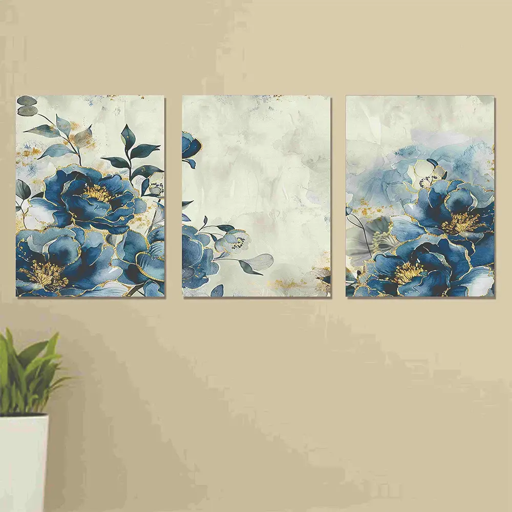 Set of 3 Wall Art Wooden Frames (Blue Flowers)