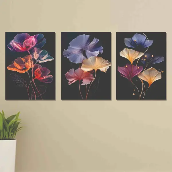 Set of 3 Wall Art Wooden Frames (Glowing Flowers)
