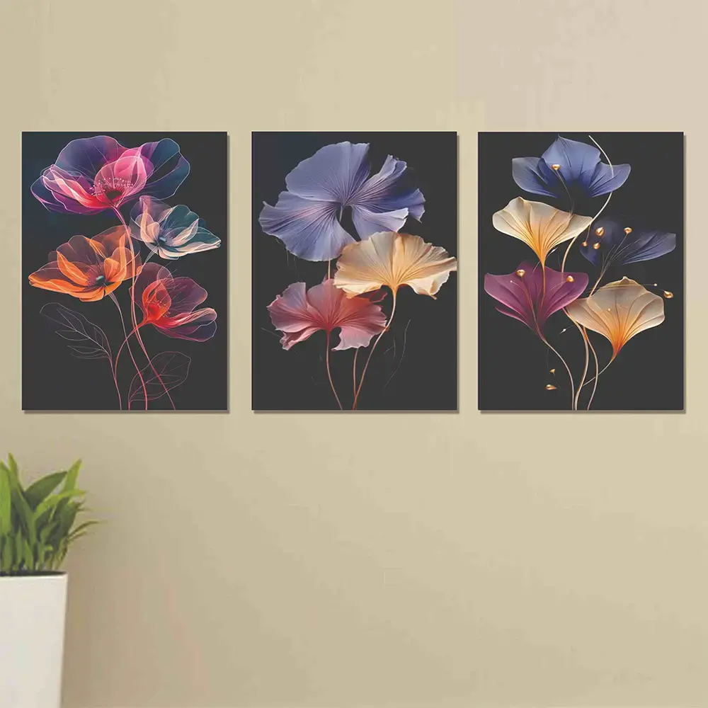 Set of 3 Wall Art Wooden Frames (Glowing Flowers)