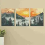 Set of 3 Wall Art Wooden Frames (Sun & Mountain)