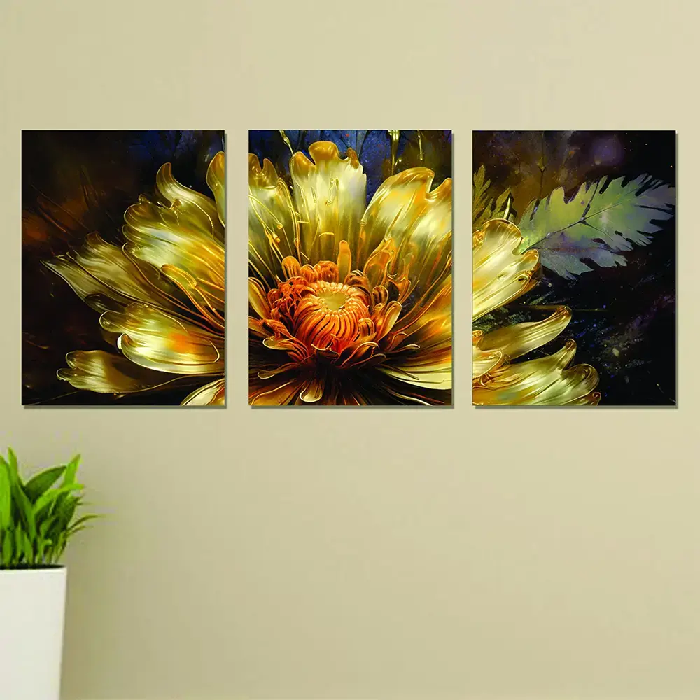 Set of 3 Wall Art Wooden Frames (Glowing Yellow Flower)