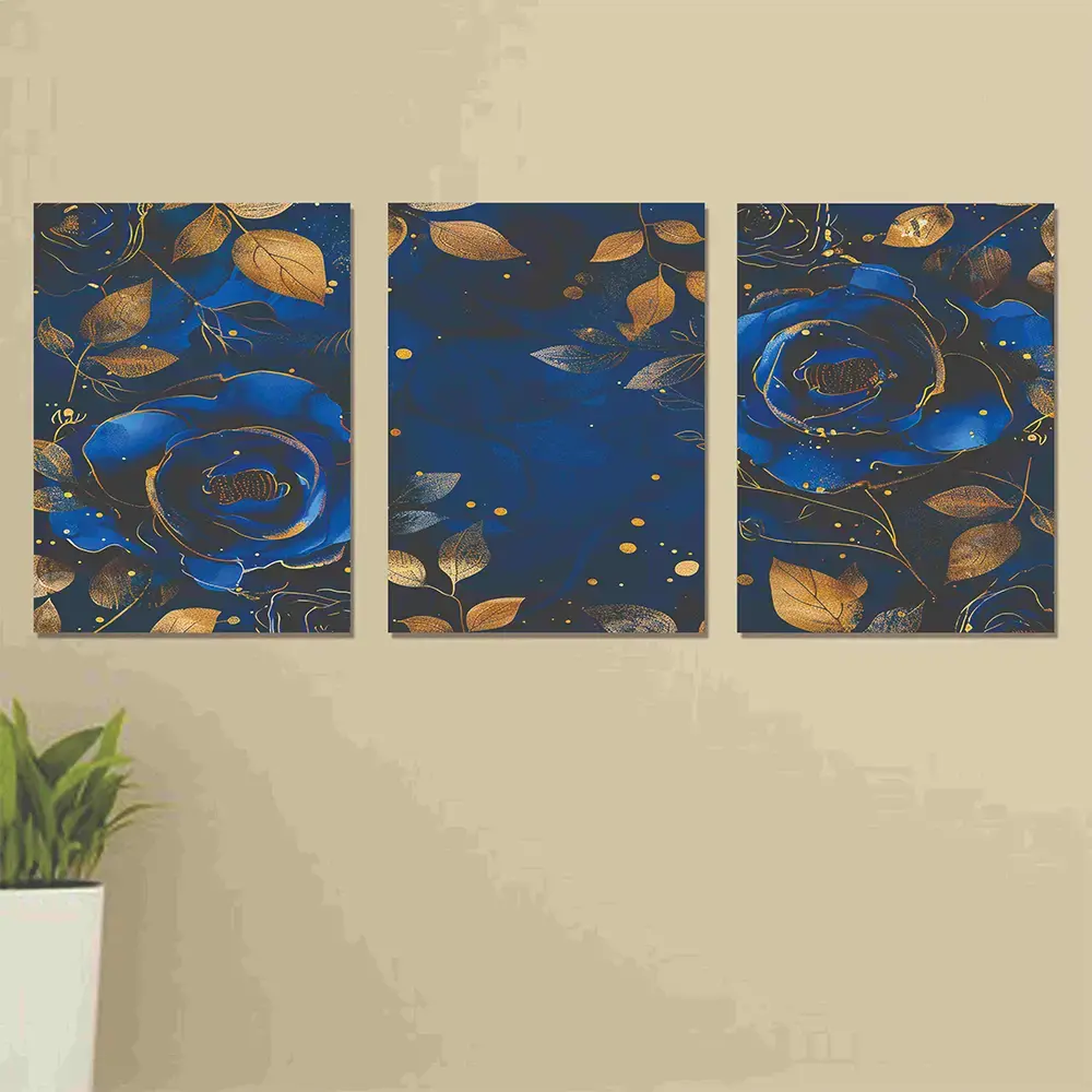 Set of 3 Wall Art Wooden Frames (Golden Leaf)