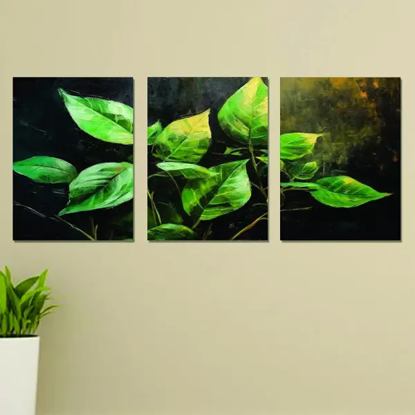 Set of 3 Wall Art Wooden Frames (Green Leaves)
