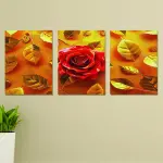 Set of 3 Wall Art Wooden Frames (Red Flower & Golden Leaves)