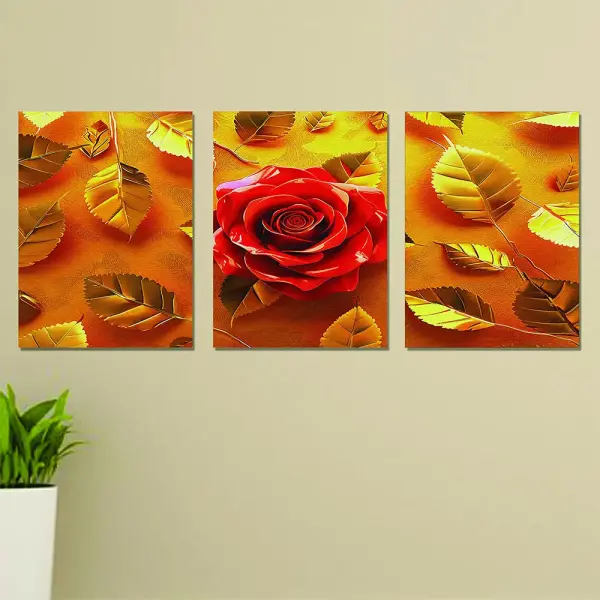 Set of 3 Wall Art Wooden Frames (Red Flower & Golden Leaves)