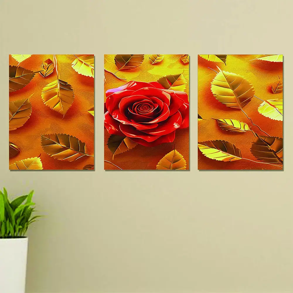 Set of 3 Wall Art Wooden Frames (Red Flower & Golden Leaves)