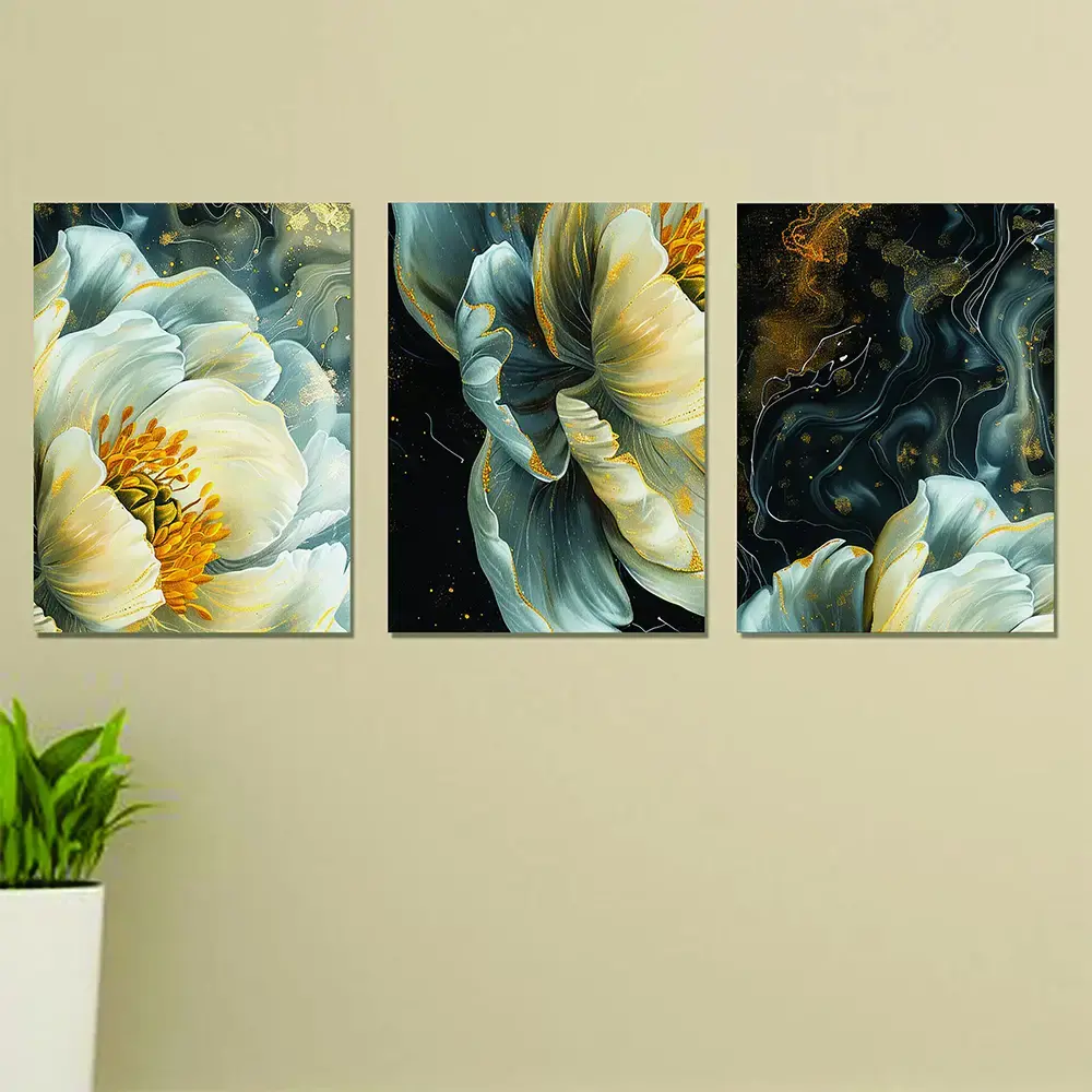 Set of 3 Wall Art Wooden Frames (White Flowers)
