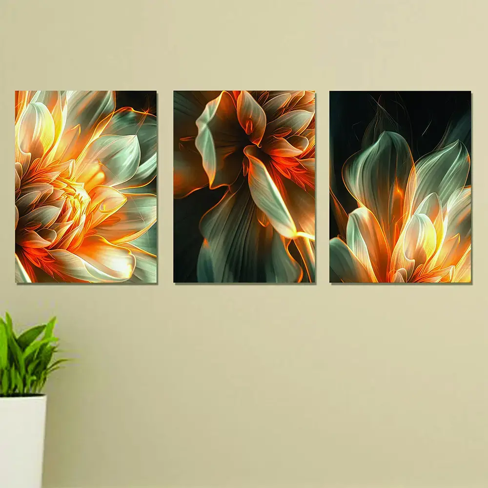 Set of 3 Wall Art Wooden Frames (White Glowing Flowers)