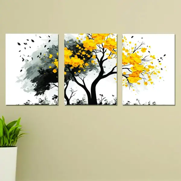 Set of 3 Wall Art Wooden Frames (Yellow Tree)